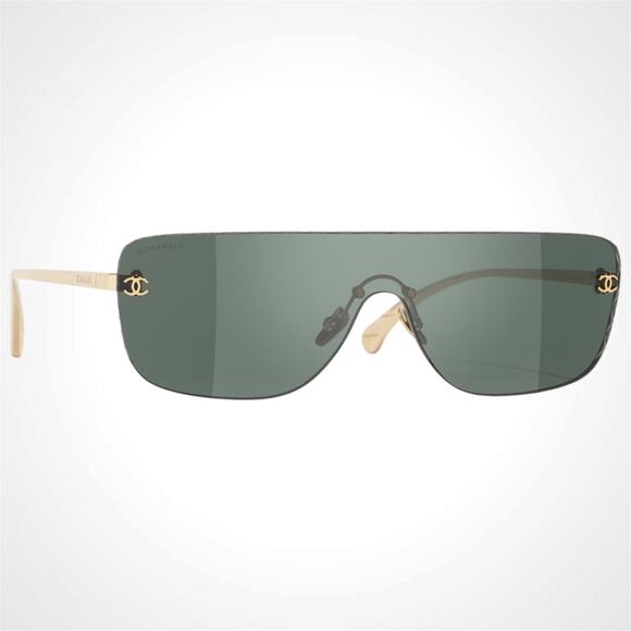 CHANEL Accessories - New CHANEL Sunglasses Gold Metal Rimless Shield Mask Green Lens CC Logo